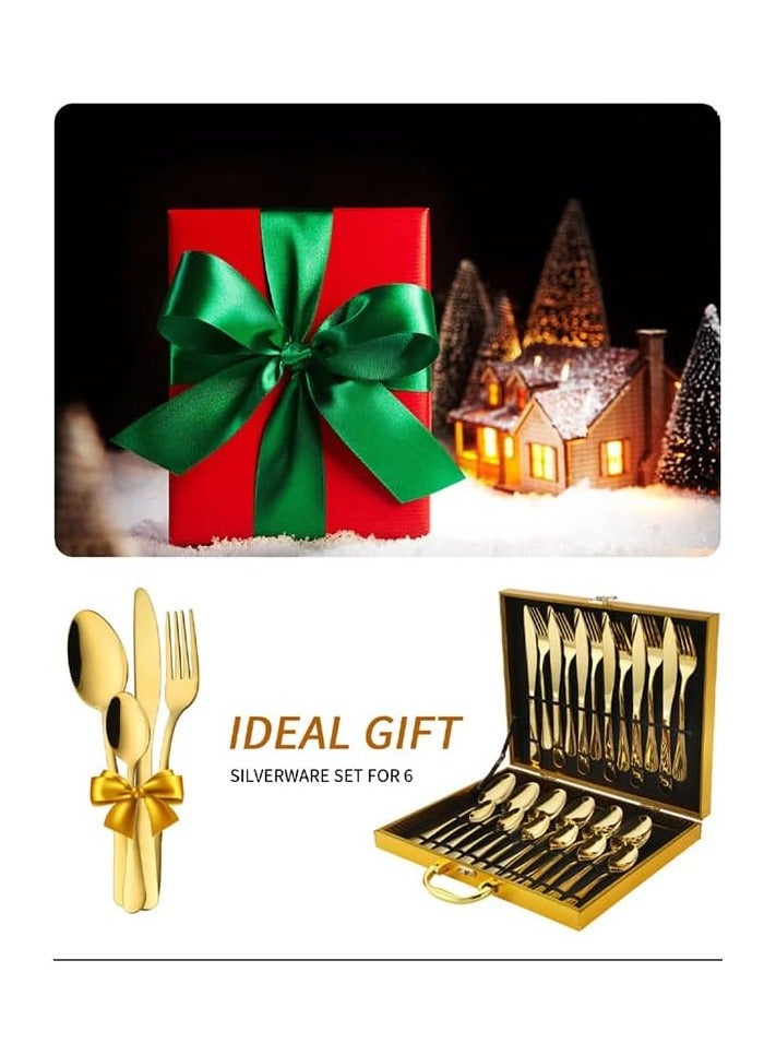 Cutlery Set Stainless Steel Gold Flatware Set with Premium Gift Box Mirror Polished Cutlery Set (24 PC)