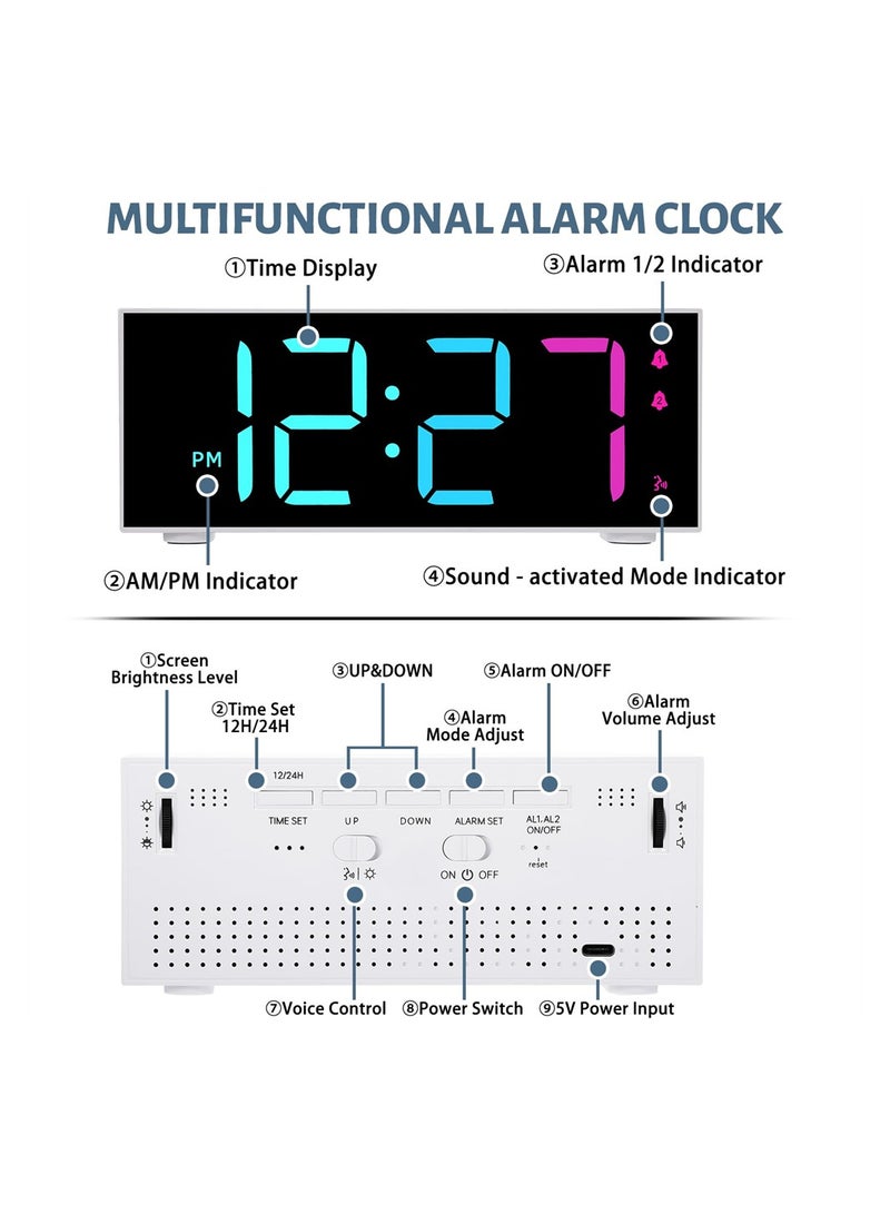 Multicolor LED Alarm Clock with Large Display Dual Alarm Snooze Function Voice Control for Kids Teens Mains Powered 12/24Hr Mode