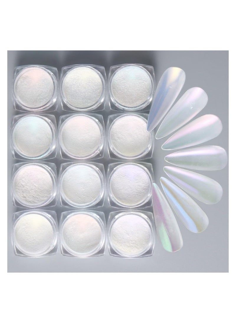 12 Colors White Pearl Chrome Nail Powder Mirror Effect Aurora Ice Shimmer Magic Pearlescent Nail Jewelry Glitter Holographic Pigment Symphony Mermaid Pearl Neon Ice Aurora Dust Nail Powder