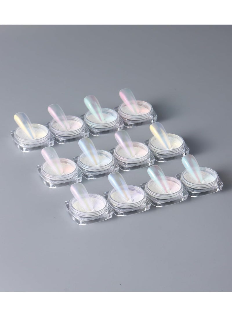 12 Colors White Pearl Chrome Nail Powder Mirror Effect Aurora Ice Shimmer Magic Pearlescent Nail Jewelry Glitter Holographic Pigment Symphony Mermaid Pearl Neon Ice Aurora Dust Nail Powder