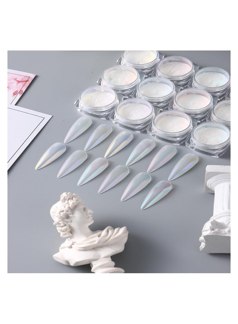 12 Colors White Pearl Chrome Nail Powder Mirror Effect Aurora Ice Shimmer Magic Pearlescent Nail Jewelry Glitter Holographic Pigment Symphony Mermaid Pearl Neon Ice Aurora Dust Nail Powder