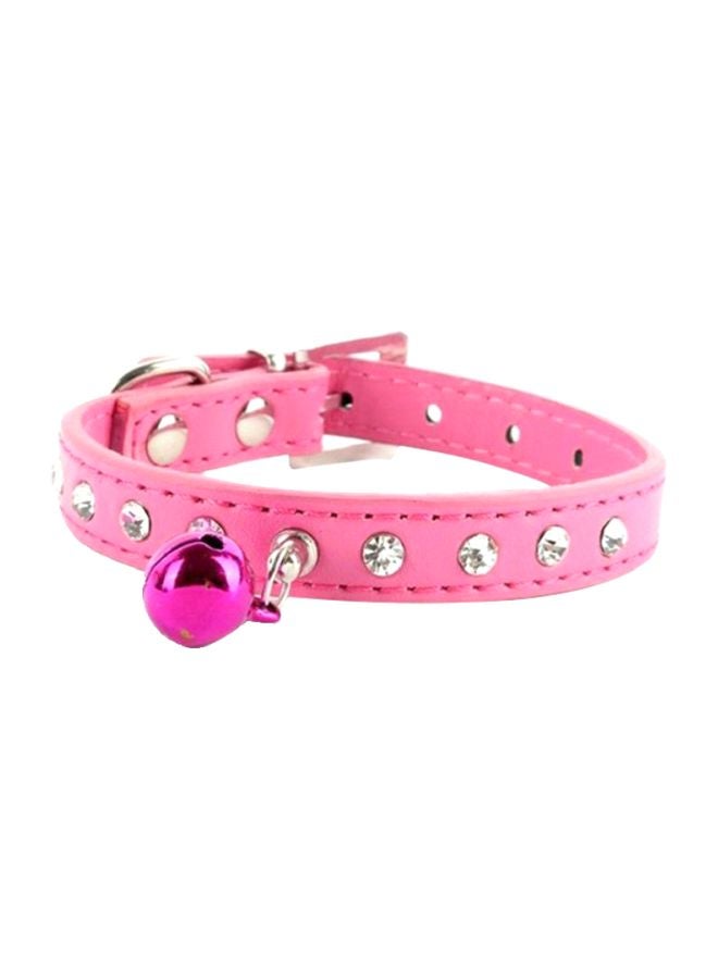 Faux Leather Rhinestone Studded Bell Buckle Pet Collar Pink/Silver