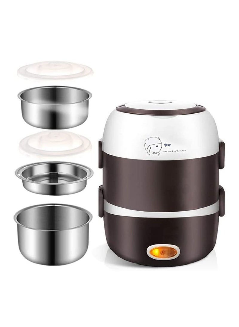 2 Layers Electric Warmer Lunch Box Food Heater Portable Heating Rice Cooker Warming Steamer Egg Steaming Boiler 2 Litter black and white