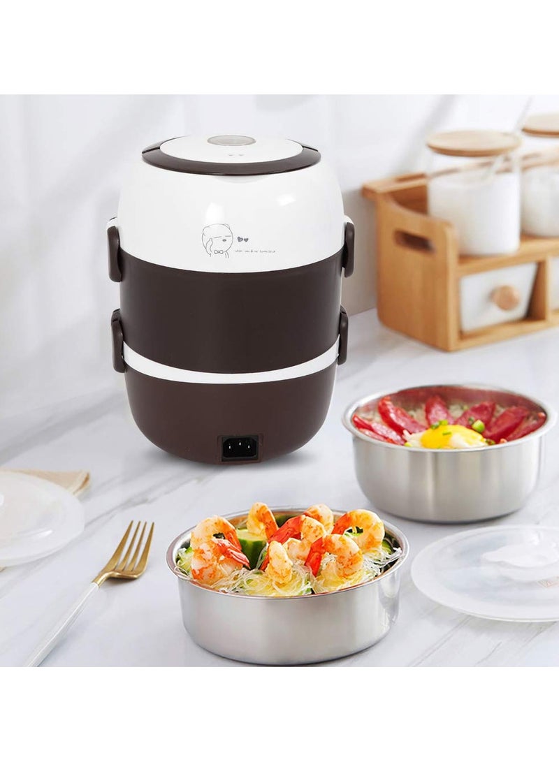 2 Layers Electric Warmer Lunch Box Food Heater Portable Heating Rice Cooker Warming Steamer Egg Steaming Boiler 2 Litter black and white