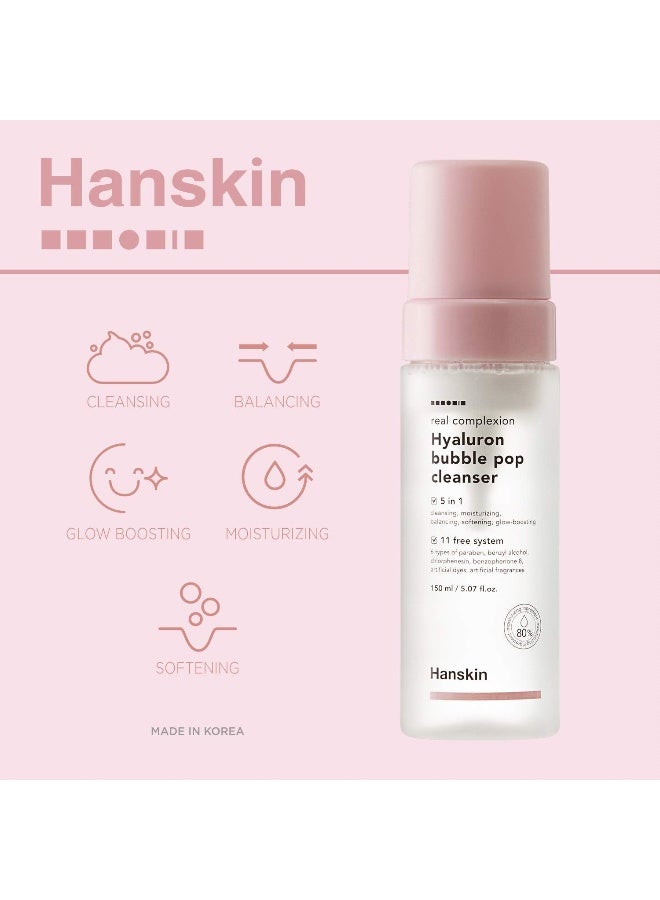 Hanskin Hyaluron Bubble Pop Cleanser, 5-In-1 Cleansing & Moisturizing, Glow Boosting Formula, 150Ml