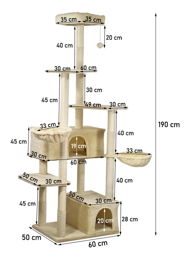 Cat tree tower activity center with Soft perch, Dangling ball, Multiple platforms, Double hammock, and Double condos, Multi-level tall cat tree for indoor cats 190 cm (Beige)