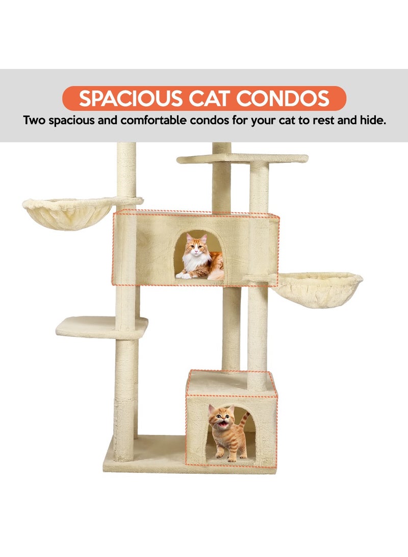 Cat tree tower activity center with Soft perch, Dangling ball, Multiple platforms, Double hammock, and Double condos, Multi-level tall cat tree for indoor cats 190 cm (Beige)