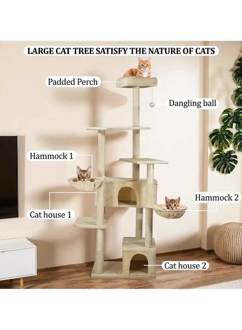 Cat tree tower activity center with Soft perch, Dangling ball, Multiple platforms, Double hammock, and Double condos, Multi-level tall cat tree for indoor cats 190 cm (Beige)