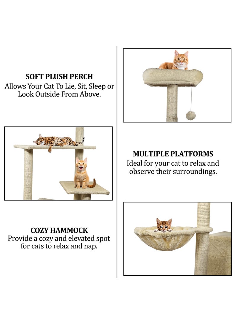 Cat tree tower activity center with Soft perch, Dangling ball, Multiple platforms, Double hammock, and Double condos, Multi-level tall cat tree for indoor cats 190 cm (Beige)