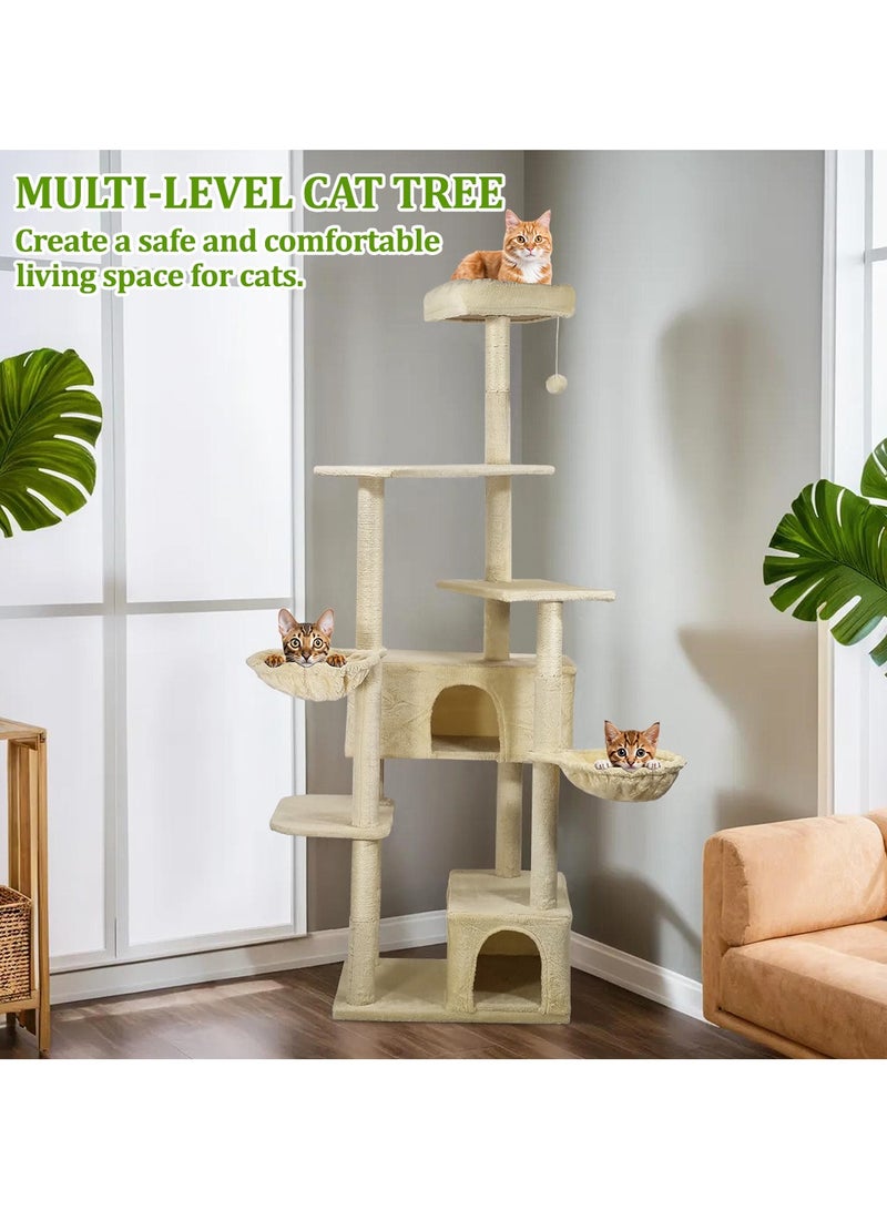 Cat tree tower activity center with Soft perch, Dangling ball, Multiple platforms, Double hammock, and Double condos, Multi-level tall cat tree for indoor cats 190 cm (Beige)