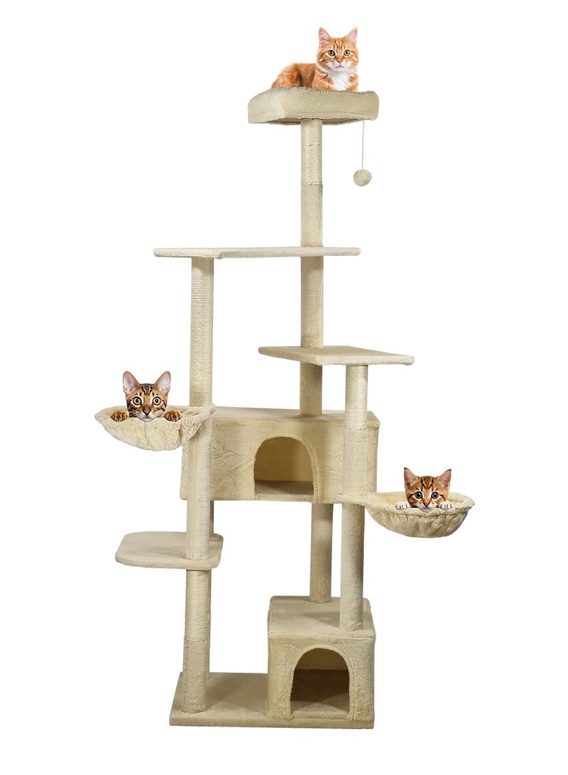 Cat tree tower activity center with Soft perch, Dangling ball, Multiple platforms, Double hammock, and Double condos, Multi-level tall cat tree for indoor cats 190 cm (Beige)