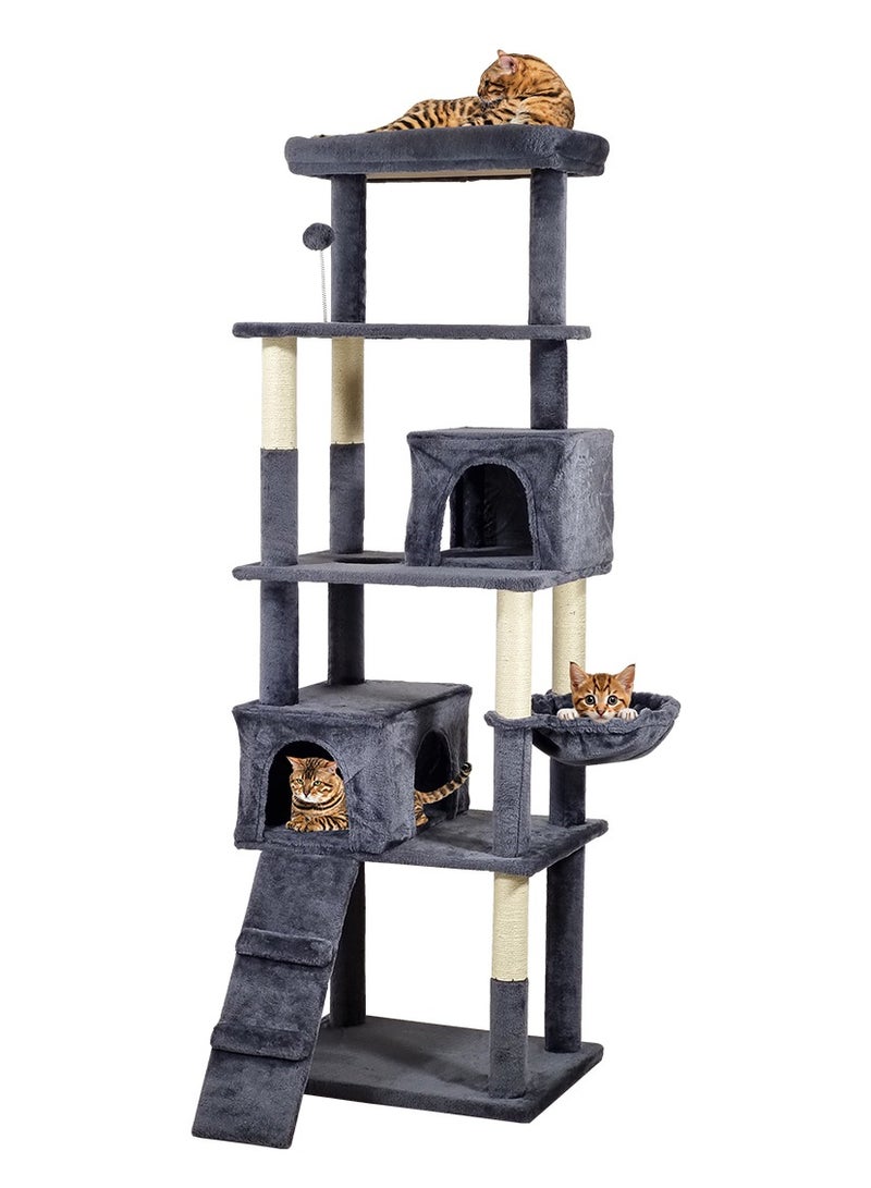 Cat tree tower activity center for indoor cat, Multi-level tall cat tree with Padded perch, Cat toy, Cozy hammock, Scratching post, Double cat condos, and Climbing ladder 182 cm (Dark-grey)