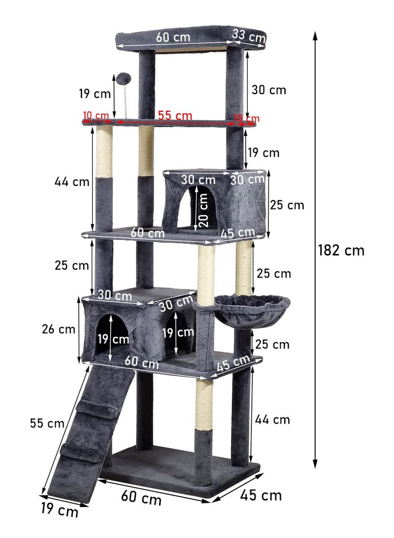 Cat tree tower activity center for indoor cat, Multi-level tall cat tree with Padded perch, Cat toy, Cozy hammock, Scratching post, Double cat condos, and Climbing ladder 182 cm (Dark-grey)