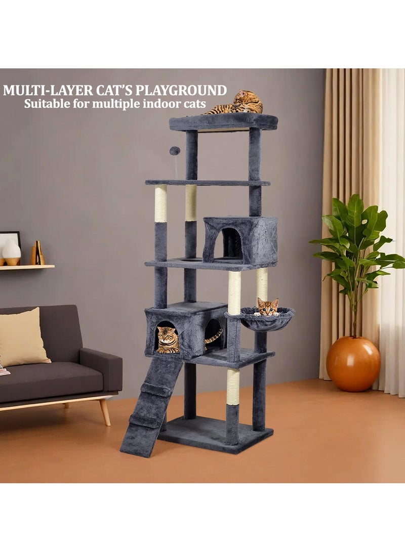 Cat tree tower activity center for indoor cat, Multi-level tall cat tree with Padded perch, Cat toy, Cozy hammock, Scratching post, Double cat condos, and Climbing ladder 182 cm (Dark-grey)