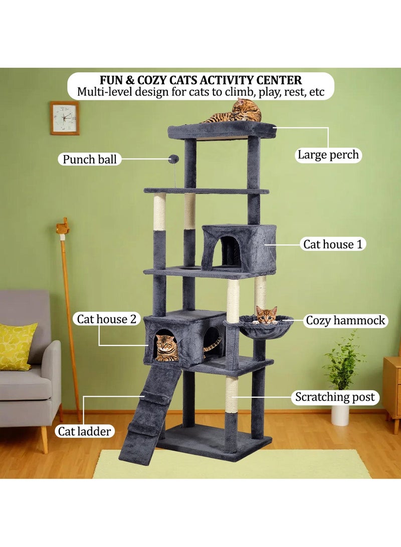 Cat tree tower activity center for indoor cat, Multi-level tall cat tree with Padded perch, Cat toy, Cozy hammock, Scratching post, Double cat condos, and Climbing ladder 182 cm (Dark-grey)