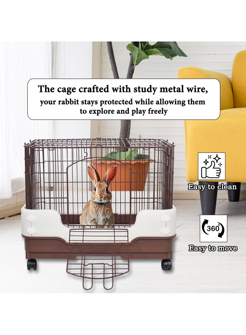 Rabbit cage with Secure door lock, Removable tray, and Universal wheels, Stainless steel rabbit cage for small animals, Urine splash prevention, Easy to assemble 64 cm (Chocolate)