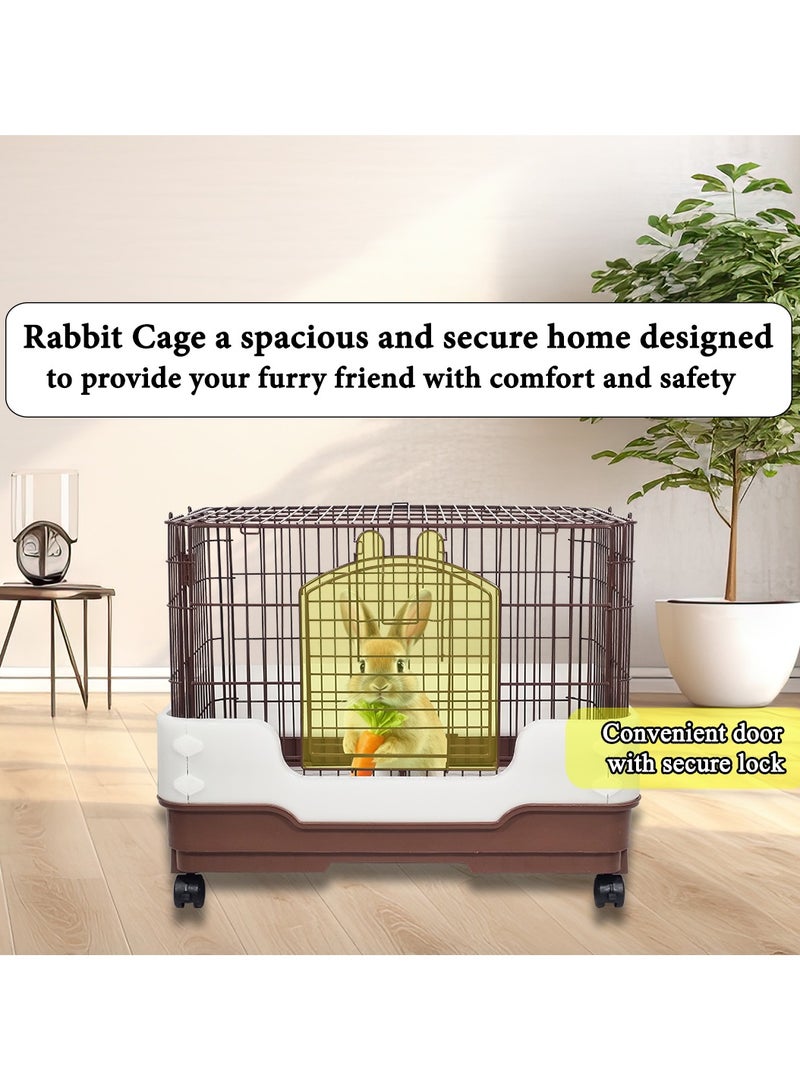 Rabbit cage with Secure door lock, Removable tray, and Universal wheels, Stainless steel rabbit cage for small animals, Urine splash prevention, Easy to assemble 64 cm (Chocolate)