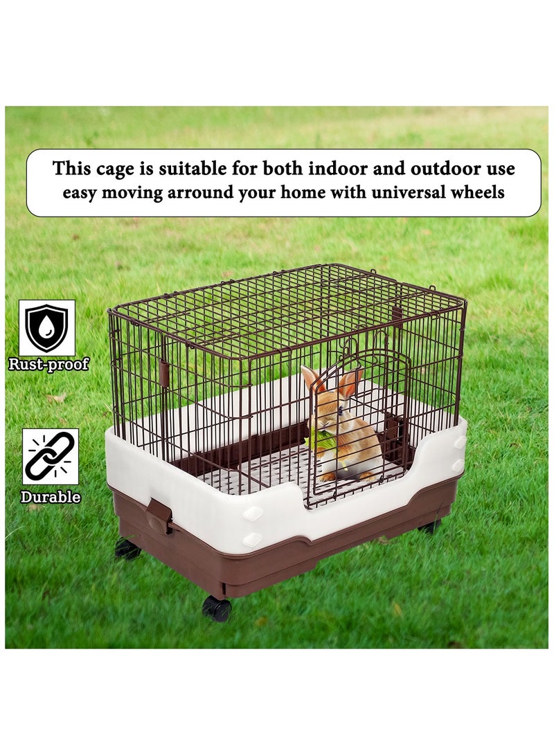 Rabbit cage with Secure door lock, Removable tray, and Universal wheels, Stainless steel rabbit cage for small animals, Urine splash prevention, Easy to assemble 64 cm (Chocolate)