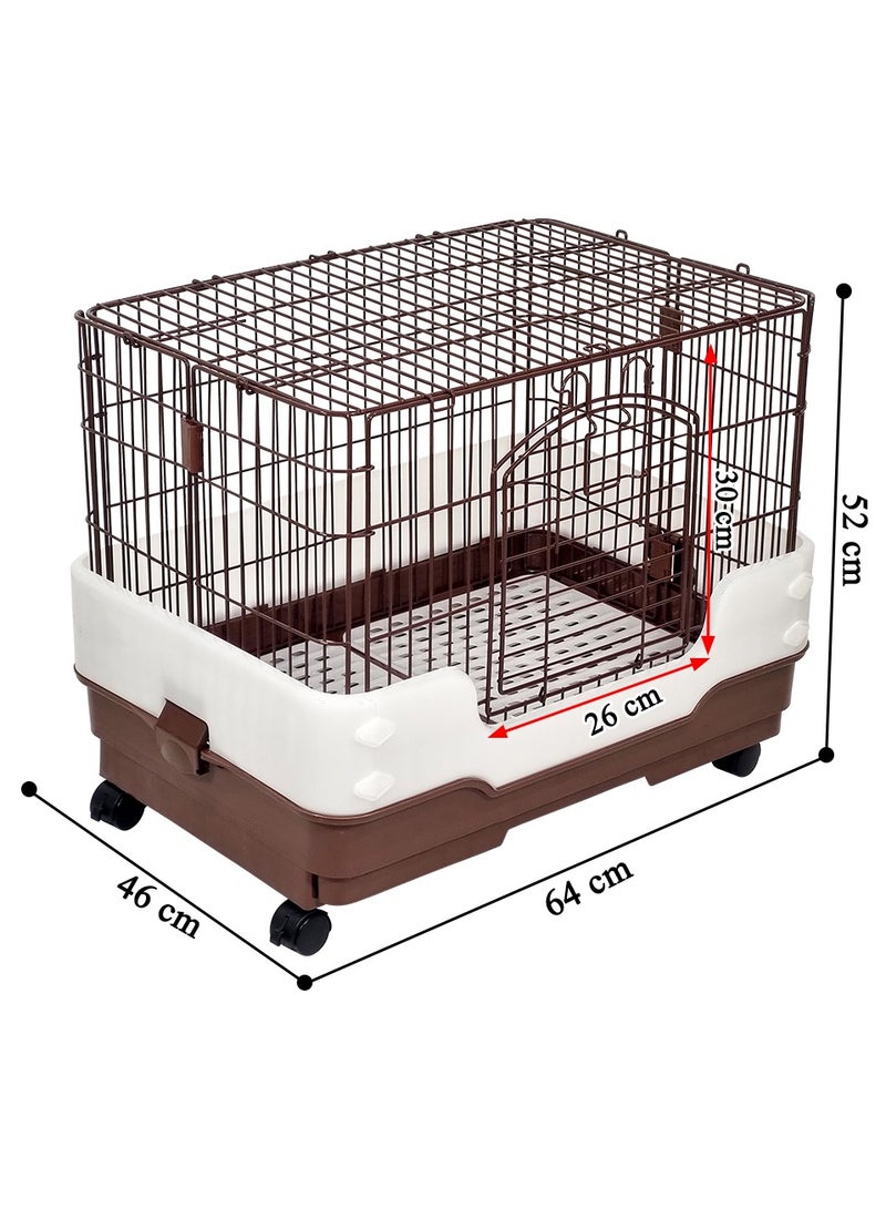 Rabbit cage with Secure door lock, Removable tray, and Universal wheels, Stainless steel rabbit cage for small animals, Urine splash prevention, Easy to assemble 64 cm (Chocolate)