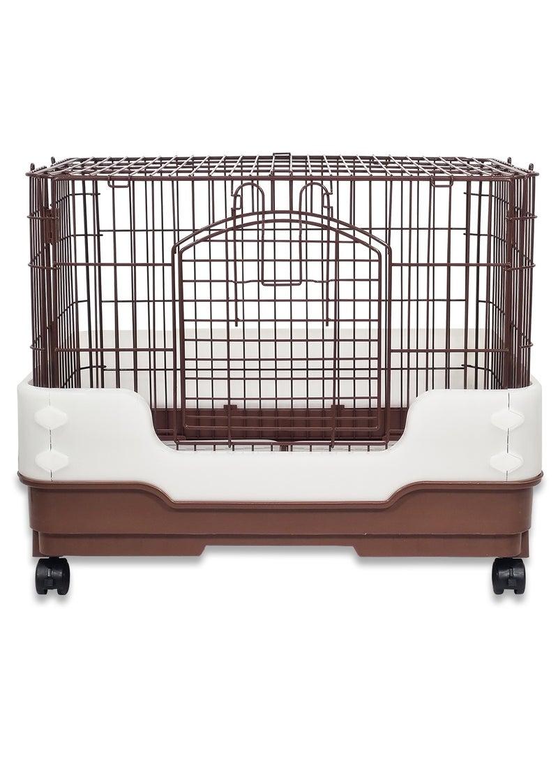 Rabbit cage with Secure door lock, Removable tray, and Universal wheels, Stainless steel rabbit cage for small animals, Urine splash prevention, Easy to assemble 64 cm (Chocolate)