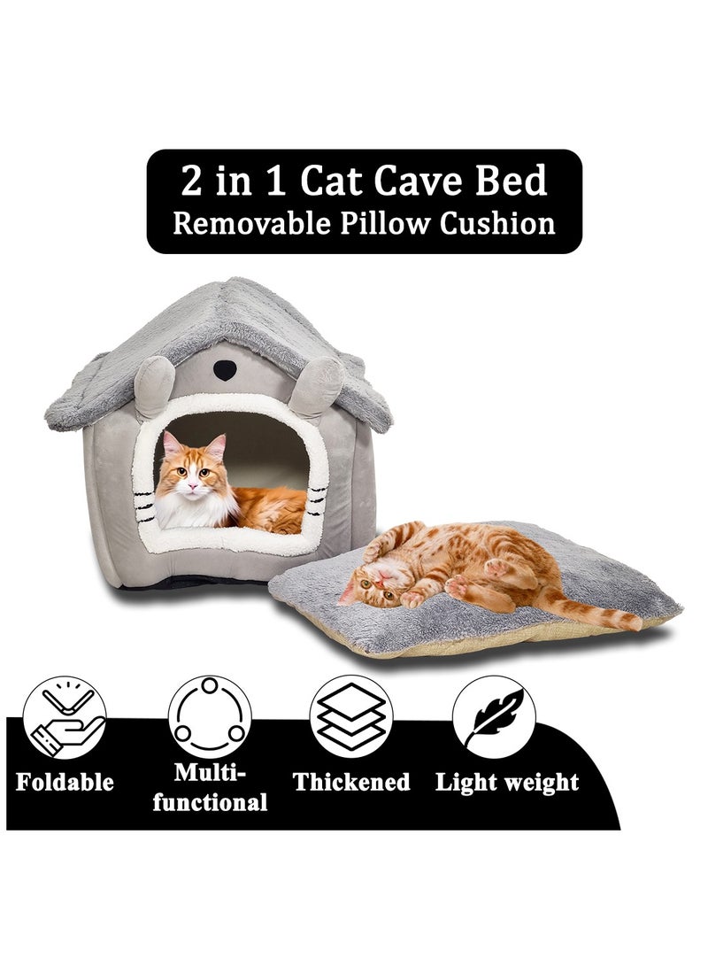 Cat house bed for indoor cats and small dogs, House shaped cat kennel with Durable zipper, Anti-skid bottom, and Double sided cushion, Comfortable pet sleeping bed 54 cm (Grey)
