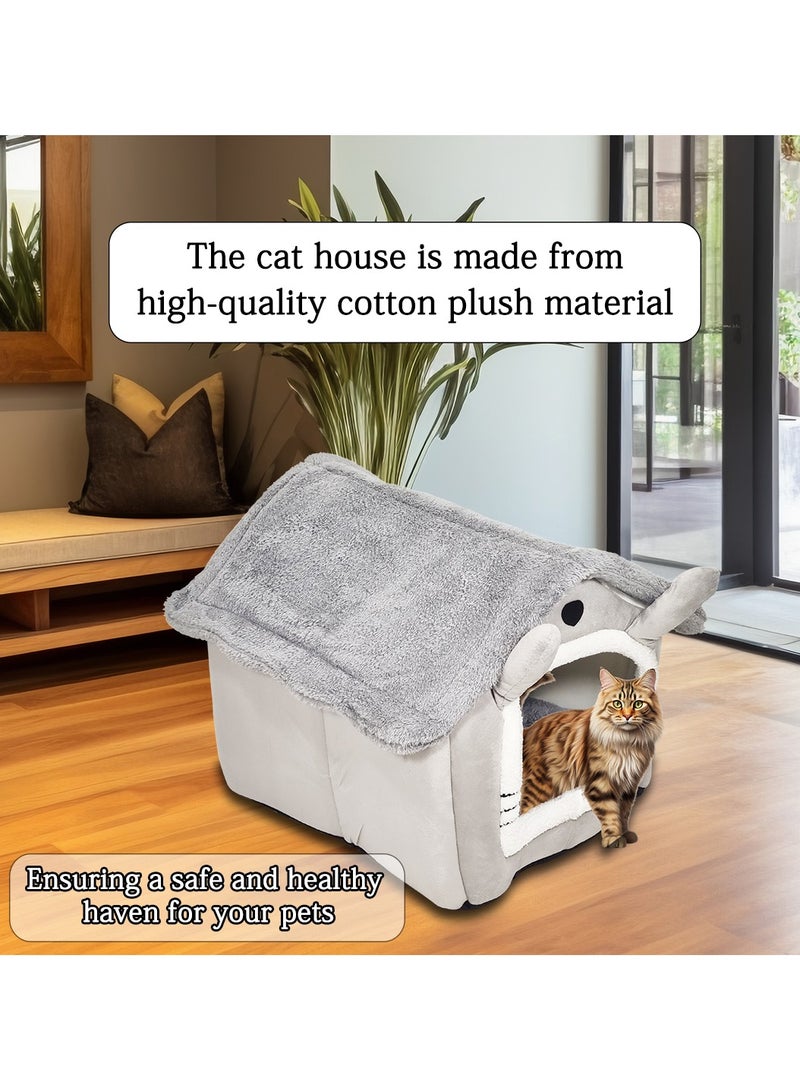 Cat house bed for indoor cats and small dogs, House shaped cat kennel with Durable zipper, Anti-skid bottom, and Double sided cushion, Comfortable pet sleeping bed 54 cm (Grey)