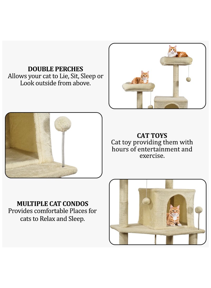 Cat tree tower activity center for indoor cats and kittens, Cat tree scratching post with Double perches, Dangling balls, Double cat condos, and Climbing ladder 180 cm (Beige)