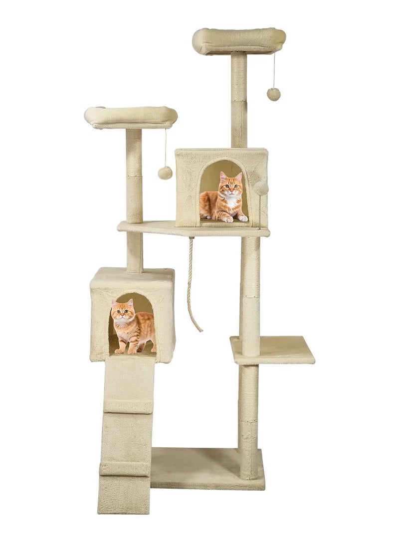 Cat tree tower activity center for indoor cats and kittens, Cat tree scratching post with Double perches, Dangling balls, Double cat condos, and Climbing ladder 180 cm (Beige)