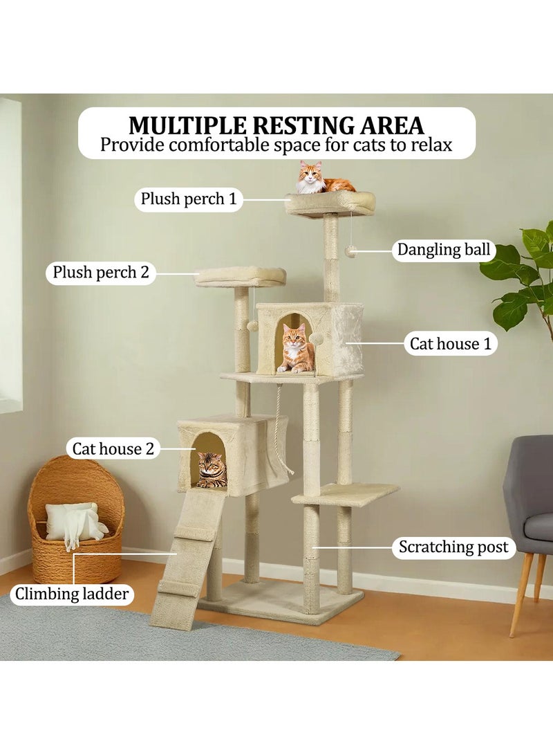 Cat tree tower activity center for indoor cats and kittens, Cat tree scratching post with Double perches, Dangling balls, Double cat condos, and Climbing ladder 180 cm (Beige)