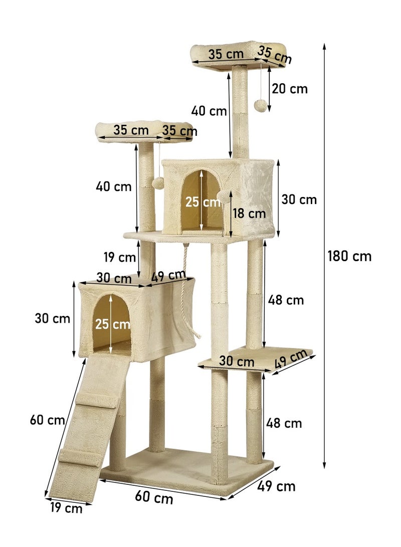 Cat tree tower activity center for indoor cats and kittens, Cat tree scratching post with Double perches, Dangling balls, Double cat condos, and Climbing ladder 180 cm (Beige)