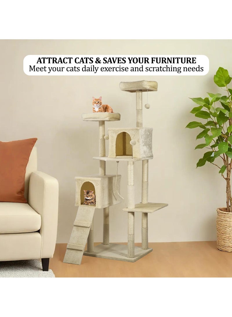 Cat tree tower activity center for indoor cats and kittens, Cat tree scratching post with Double perches, Dangling balls, Double cat condos, and Climbing ladder 180 cm (Beige)