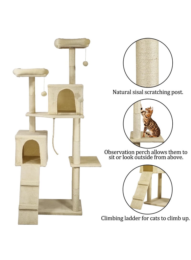 Cat tree tower activity center for indoor cats and kittens, Cat tree scratching post with Double perches, Dangling balls, Double cat condos, and Climbing ladder 180 cm (Beige)