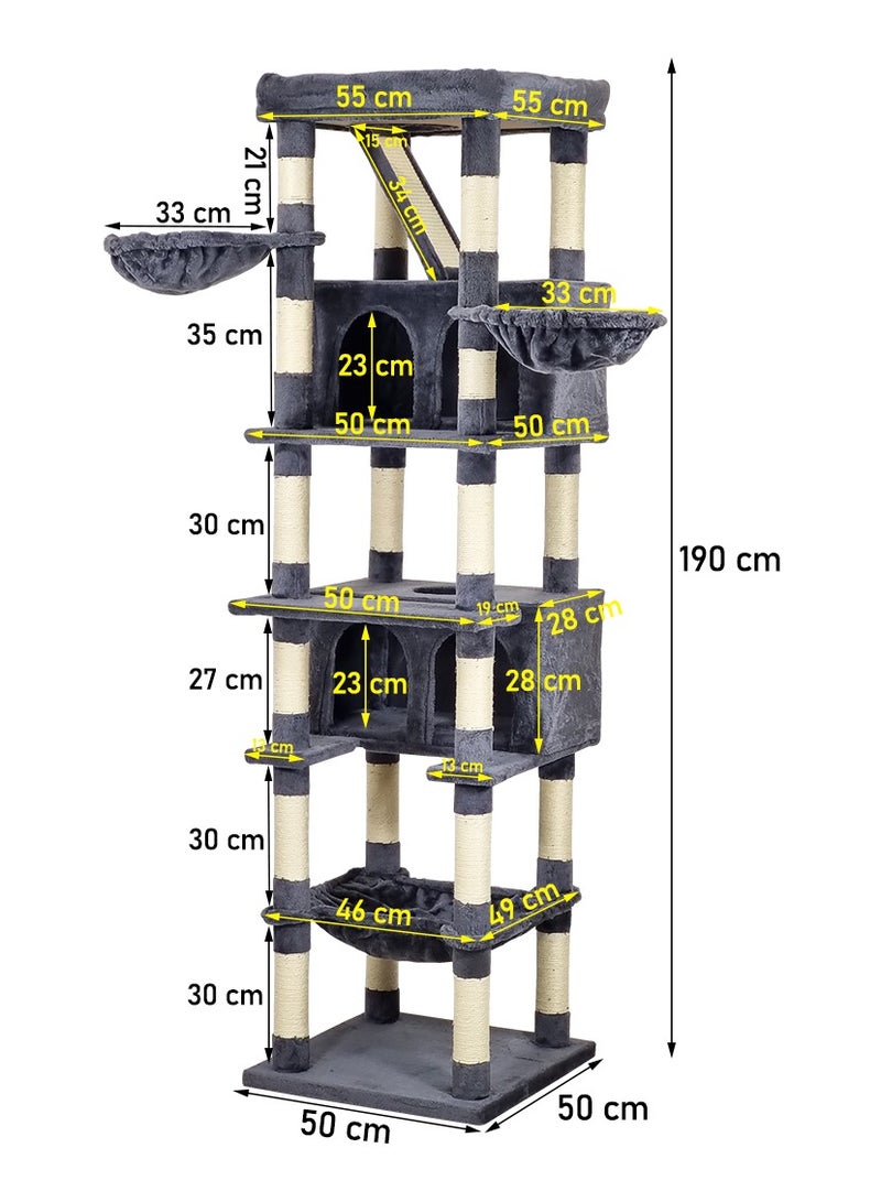 Cat tree tower activity center for indoor cats, Multi-level cat tree with Large perch, Scratching board, Cozy hammock, Double cat condos, and Bottom large hammock 190 cm (Dark-grey)