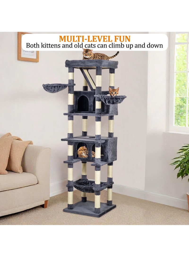 Cat tree tower activity center for indoor cats, Multi-level cat tree with Large perch, Scratching board, Cozy hammock, Double cat condos, and Bottom large hammock 190 cm (Dark-grey)