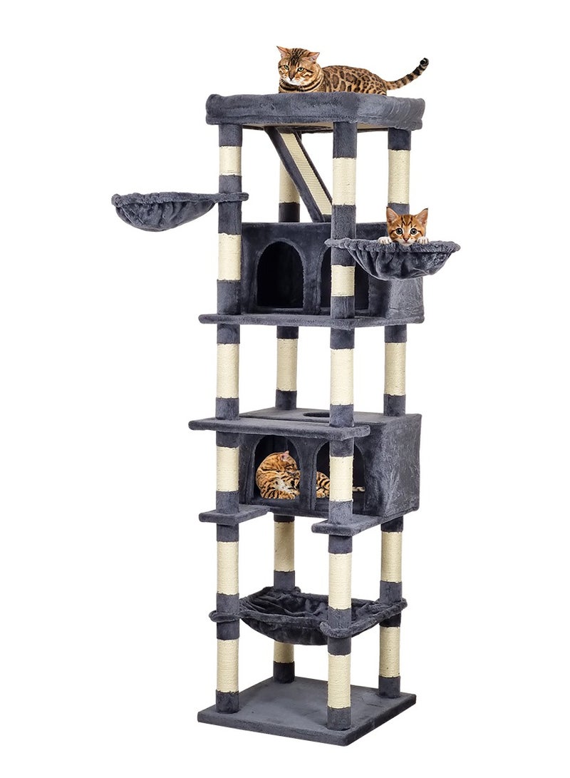 Cat tree tower activity center for indoor cats, Multi-level cat tree with Large perch, Scratching board, Cozy hammock, Double cat condos, and Bottom large hammock 190 cm (Dark-grey)