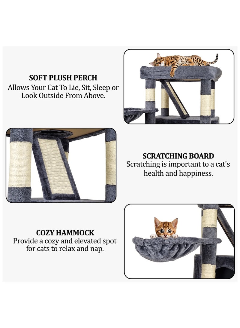 Cat tree tower activity center for indoor cats, Multi-level cat tree with Large perch, Scratching board, Cozy hammock, Double cat condos, and Bottom large hammock 190 cm (Dark-grey)