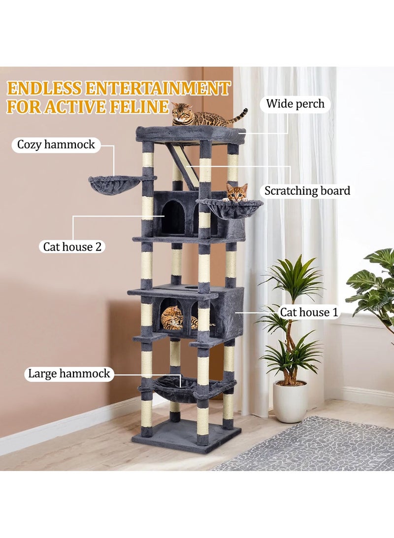 Cat tree tower activity center for indoor cats, Multi-level cat tree with Large perch, Scratching board, Cozy hammock, Double cat condos, and Bottom large hammock 190 cm (Dark-grey)