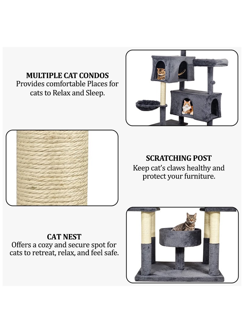 Cat tree tower for indoor cats and kittens, Cat tree climbing tower activity center with Perches, Dangling balls, Scratching post, Cozy hammock, Double condos, and Cat nest 185 cm (Dark-grey)