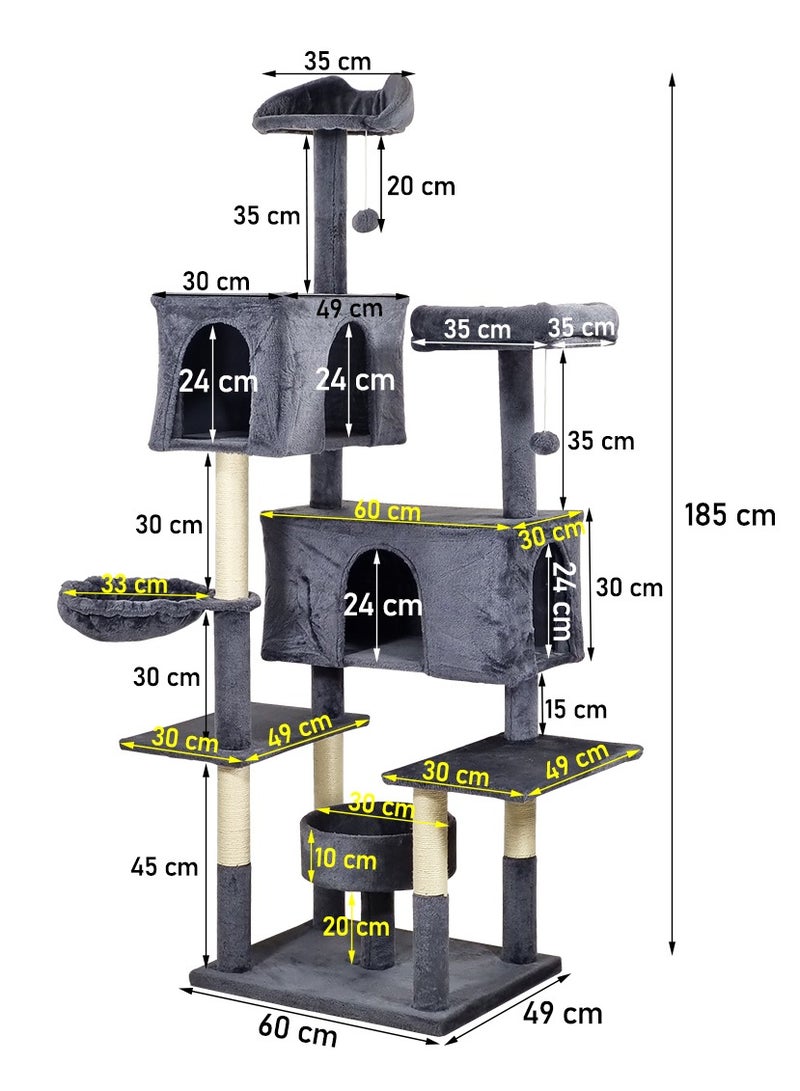 Cat tree tower for indoor cats and kittens, Cat tree climbing tower activity center with Perches, Dangling balls, Scratching post, Cozy hammock, Double condos, and Cat nest 185 cm (Dark-grey)