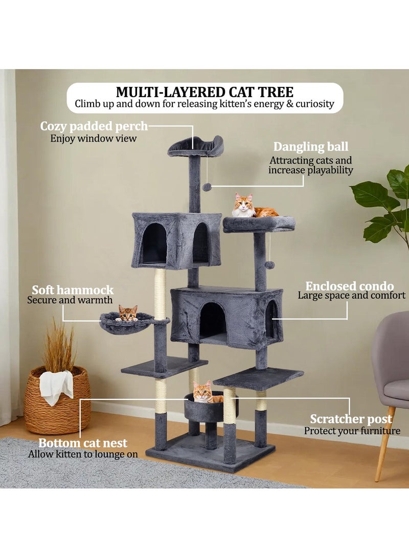 Cat tree tower for indoor cats and kittens, Cat tree climbing tower activity center with Perches, Dangling balls, Scratching post, Cozy hammock, Double condos, and Cat nest 185 cm (Dark-grey)