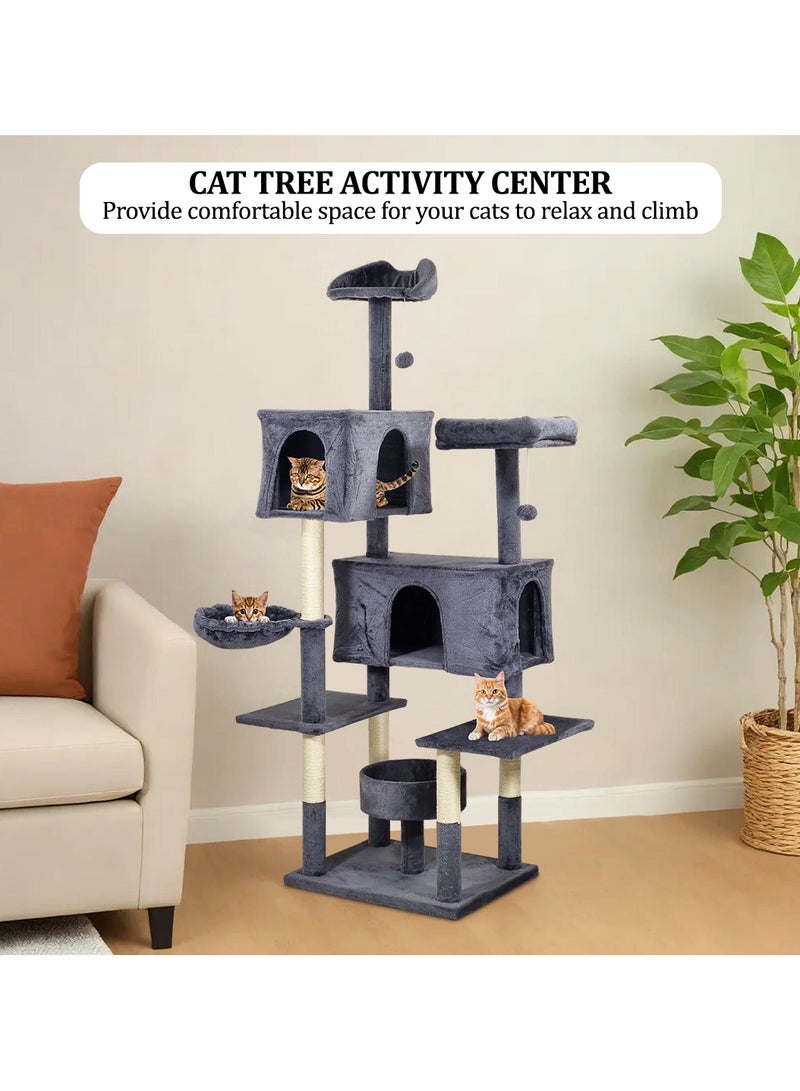 Cat tree tower for indoor cats and kittens, Cat tree climbing tower activity center with Perches, Dangling balls, Scratching post, Cozy hammock, Double condos, and Cat nest 185 cm (Dark-grey)