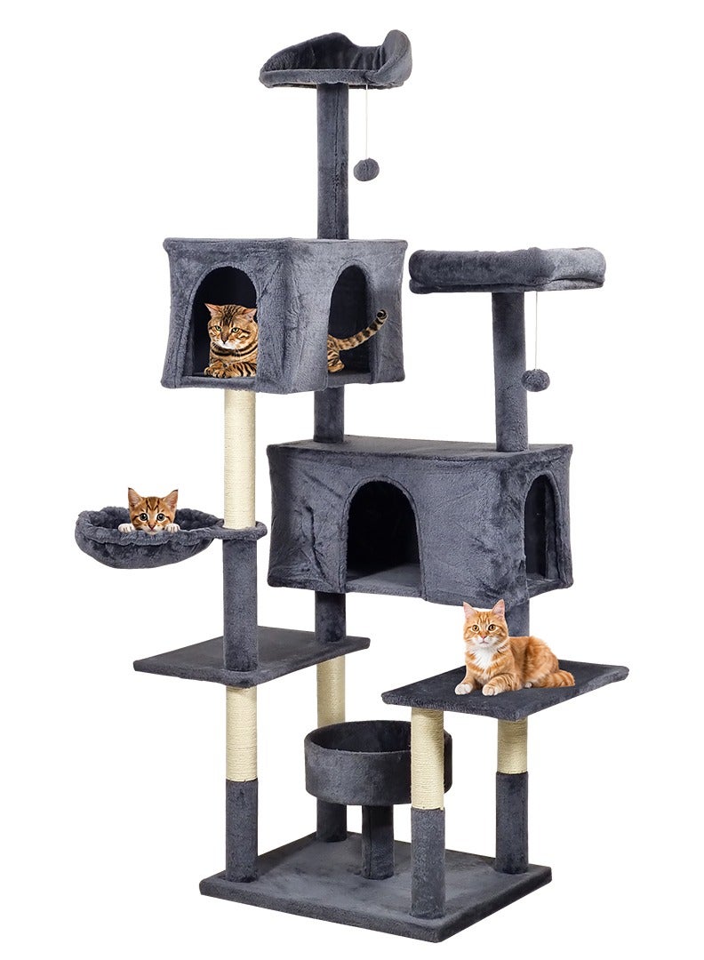 Cat tree tower for indoor cats and kittens, Cat tree climbing tower activity center with Perches, Dangling balls, Scratching post, Cozy hammock, Double condos, and Cat nest 185 cm (Dark-grey)