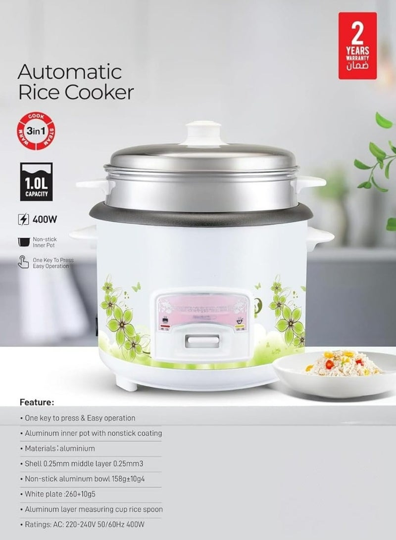 Automatic Rice Cooker 1 Liter Capacity  3 in 1 Functions Cook Steam and Keep Warm  Aluminum Non-Stick Inner Pot  Rice Spoon and Measuring Cup 400 W