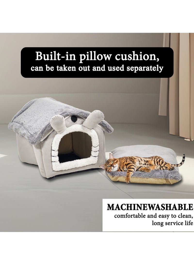 Pet bed for small cats and dogs, Foldable cat house with Double sided cushion, Anti-slip bottom, and Durable zipper, Semi-enclosed pet sleeping bed Ideal for winter comfort 34 cm (Grey)