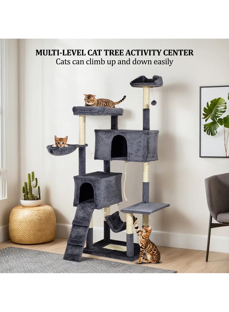 Cat tree tower with Sisal scratching post, Multiple perches, Dangling ball, 2 cat condos, Cozy hammock, and Climbing ladder, Multi-level Cat tree activity center for cats 180 cm (Dark-grey)