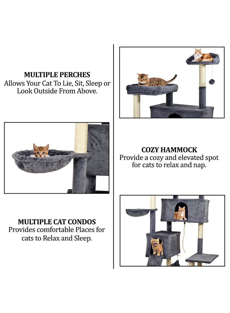 Cat tree tower with Sisal scratching post, Multiple perches, Dangling ball, 2 cat condos, Cozy hammock, and Climbing ladder, Multi-level Cat tree activity center for cats 180 cm (Dark-grey)