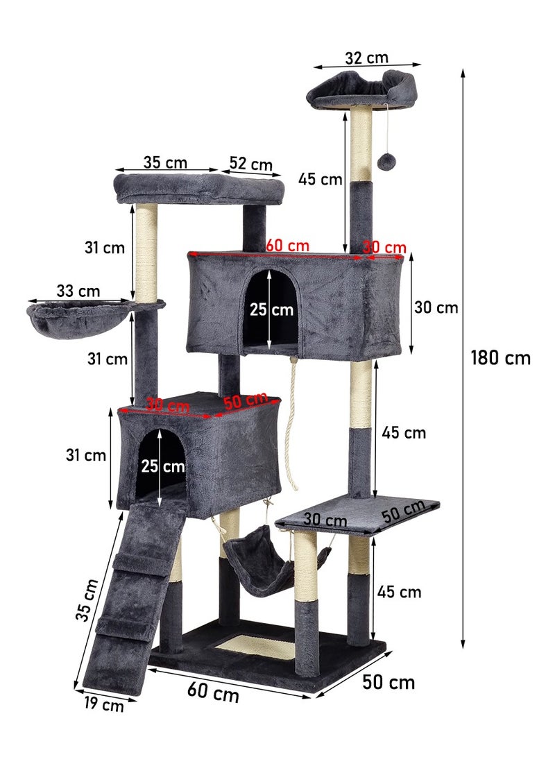 Cat tree tower with Sisal scratching post, Multiple perches, Dangling ball, 2 cat condos, Cozy hammock, and Climbing ladder, Multi-level Cat tree activity center for cats 180 cm (Dark-grey)