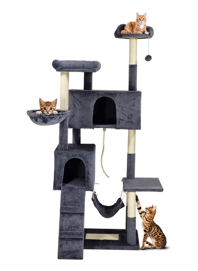 Cat tree tower with Sisal scratching post, Multiple perches, Dangling ball, 2 cat condos, Cozy hammock, and Climbing ladder, Multi-level Cat tree activity center for cats 180 cm (Dark-grey)