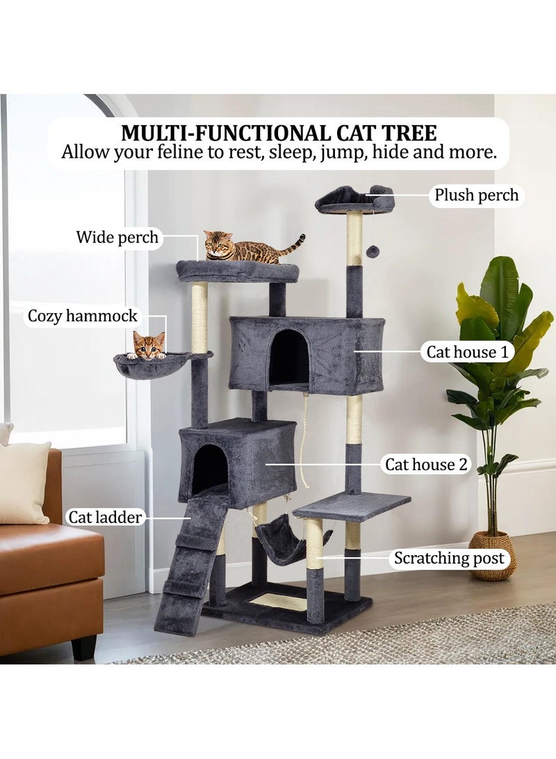 Cat tree tower with Sisal scratching post, Multiple perches, Dangling ball, 2 cat condos, Cozy hammock, and Climbing ladder, Multi-level Cat tree activity center for cats 180 cm (Dark-grey)