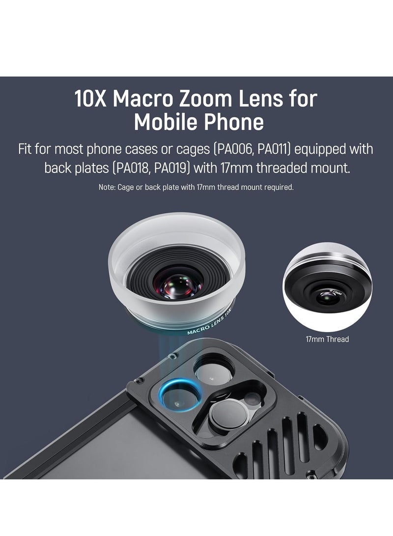 10X HD Macro Lens for Phones with Detachable Diffuser Hood, Compatible with 17mm Thread Backplate for SmallRig iPhone and Samsung Phone Cages with 17mm Lens Adapter.